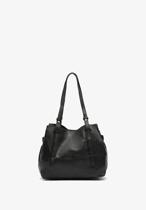 Black leather tote bag with a textured finish, two shoulder straps, and simple hardware accents. Spacious design for everyday use.