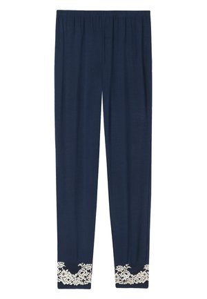Mjukt navyblå leggings i tyg, med en spetskant i blommönster vid fållen, och en elastisk midja för komfort.