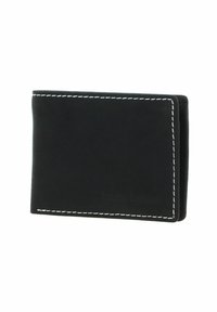 Black leather wallet with white stitching, bi-fold design, smooth texture, featuring a subtle embossed logo on the front.
