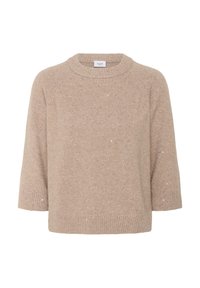Bézs kötött pulóver kerek nyakkivágással, háromnegyedes ujjakkal és bordázott szegéllyel. Puha tapintású, finom fémes csillogással.