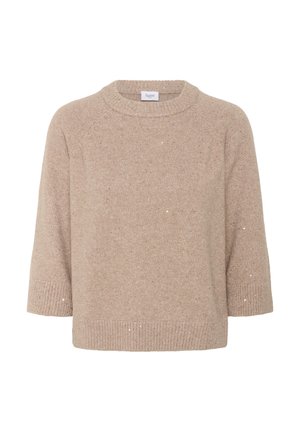 Bézs kötött pulóver kerek nyakkivágással, háromnegyedes ujjakkal és bordázott szegéllyel. Puha tapintású, finom fémes csillogással.