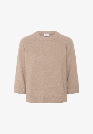 Bézs kötött pulóver kerek nyakkivágással, háromnegyedes ujjakkal és bordázott szegéllyel. Puha tapintású, finom fémes csillogással.