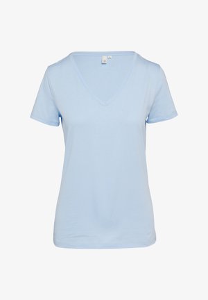 Šviesiai mėlynas medvilninis marškinėlis su trumpomis rankovėmis, V formos iškirpte ir lygiu audinio paviršiumi. Kaklo srityje prisegtas etiketė, nurodanti dydį S.