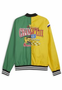 Grøn og gul bomberjakke med grafiske print, logo accenter og sorte ribbede manchetter og kant. Glat, skinnende stof, delt design.