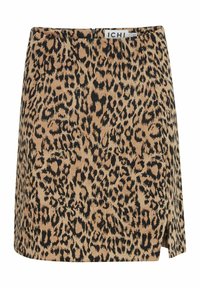 Mini sukňa so vzorom leoparda vyrobená z jemnej látky, s béžovým základom a čiernymi škvrnami, bočným rozparkom a diskrétnym zipsom na zadnej strane.