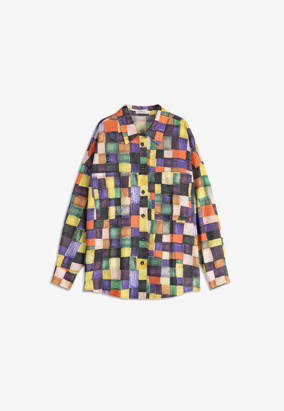 Colorful button-up shirt with a patchwork pattern in orange, green, purple, and yellow, featuring a collar and one chest pocket.