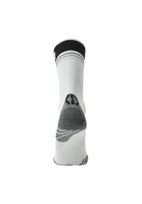 White athletic sock with black ribbed cuff, gray heel, and toe accents. Features a textured pattern on the foot and smooth body.
