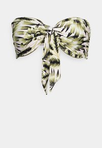 Top de bikini sem alças com um padrão de folhas de palmeira verde e preto sobre um fundo rosa claro, com um detalhe de laço na frente e textura suave.