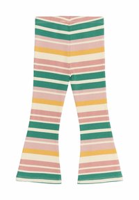 Leggings in cotone a flusso con righe verticali verdi, rosa, gialle e crema. Presentano una texture a coste e una vita elasticizzata.
