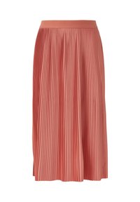 Plissé rok in zacht koraal met een gladde tailleband. Lichtgewicht stof met verticale plooien, die valt tot op de middenkuit.