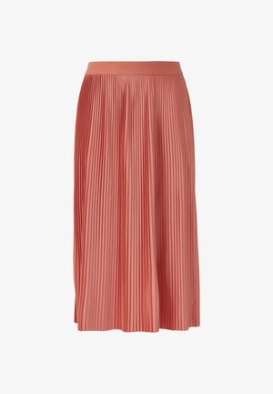 Plissé rok in zacht koraal met een gladde tailleband. Lichtgewicht stof met verticale plooien, die valt tot op de middenkuit.