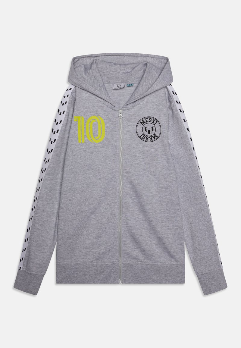 Felpa grigia con zip, dotata di cappuccio, con il numero stampato "10" in giallo fluorescente e logo nero. Accenti neri lungo le maniche.