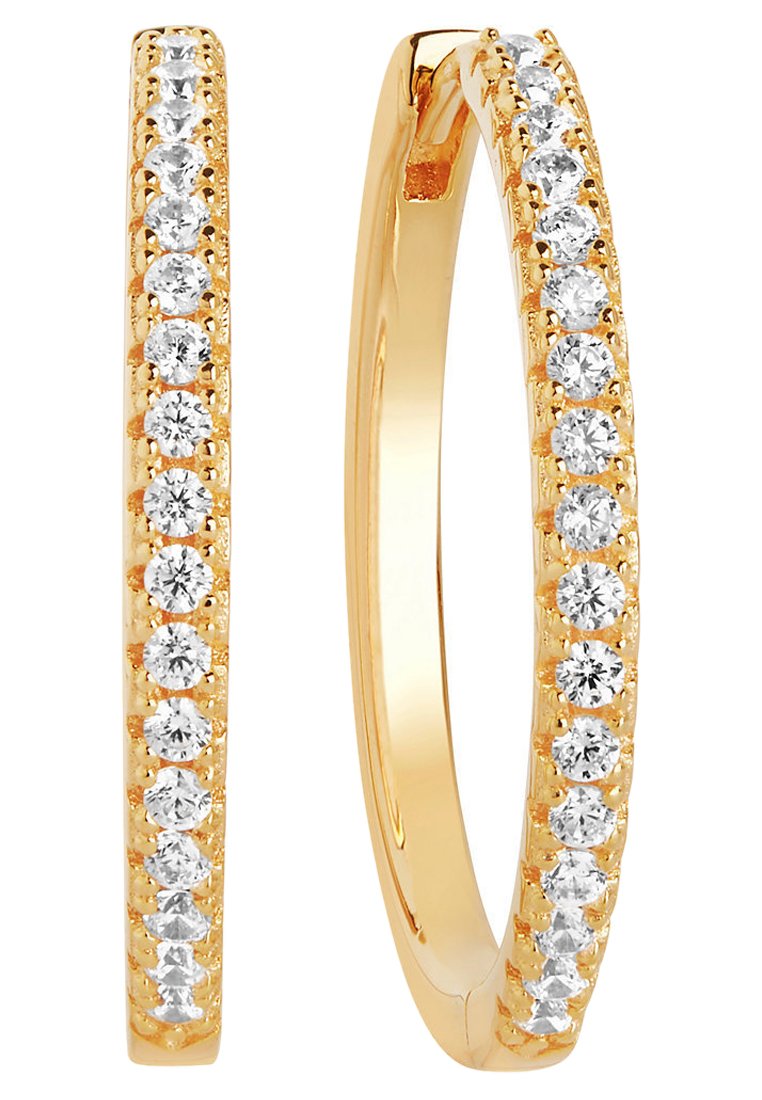 Guldörhängen i form av ringar med en rad klara kristaller längs den främre kanten, slät yta och cirkulär form.