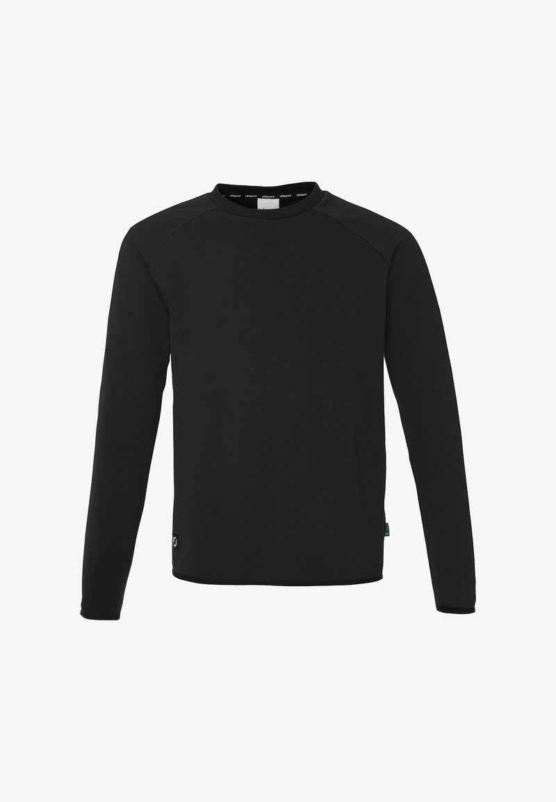 Sort sweatshirt med lange ærmer i blødt stof, rund halsudskæring og raglanærmer. Har et lille logo på den nederste side.