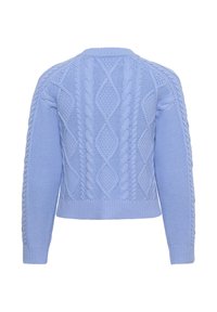 Cardigan tricoté bleu clair avec des motifs en maille torsadée, un col rond et des poignets et un ourlet côtelés. La vue arrière met en valeur des coutures détaillées.
