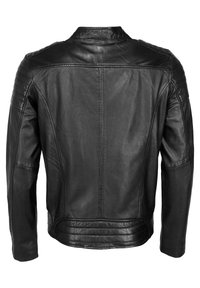 Zwarte leren jack met een getailleerd ontwerp, gestructureerde schouders en een gladde afwerking. Bevat geribbelde accenten op de schouders en zijkanten.