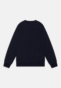 Felpa blu navy con scollo tondo, maniche lunghe, polsini e orlo a costine. Tessuto liscio, senza motivi o decorazioni, vista posteriore mostrata.