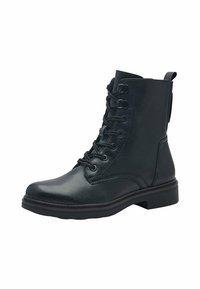 Botines de cuero negro hasta el tobillo con detalles de cordones, punta redonda y un tacón bajo de goma. Cuenta con una tira en la parte trasera para facilitar su uso.