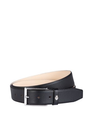 Black leather belt with silver rectangular buckle and beige inner lining, coiled on a white background.