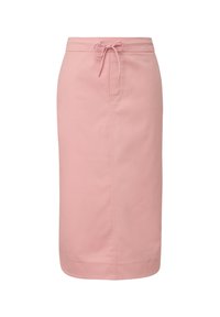 Jupe midi rose avec cordon à nouer devant, coupe droite et détail de couture centrale, présentée sur fond blanc.