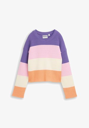 Maglione con strisce orizzontali viola, rosa, crema e arancione. Texture a coste, scollo tondo, design corto e maniche lunghe.