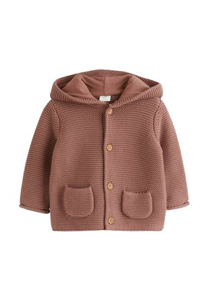 Brown knitted baby jacket with hood, four wooden buttons down front, and two front pockets.