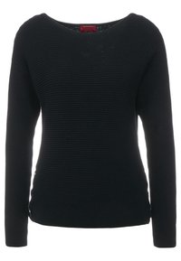 Pull noir à manches longues avec texture côtelée, encolure large, fentes latérales et coupe décontractée. Fabriqué en matière tricotée légère.