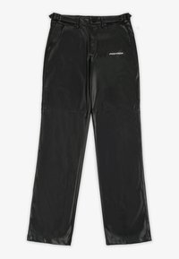 Black faux leather pants with a sleek design, featuring a logo on the left side, straight legs, and traditional belt loops.