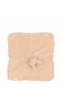 Soft, beige cotton blanket with a knotted bunny head in the center, featuring embroidered facial features and floppy ears.