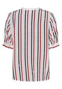 Blusa a maniche corte in tessuto bianco con righe verticali di punti rossi e neri. Include un collo rotondo e maniche con bottoni.