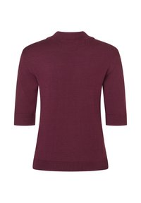 Burgunderfarbener Pullover mit einem kurzärmeligen Design, geripptem Kragen und Saum sowie glatter Textur. Einfach und einfarbig ohne Muster.