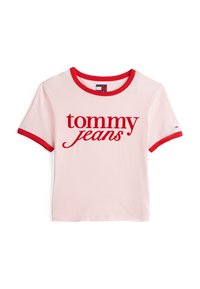 Rózsaszín pamut póló piros bordázott gallérral és ujjakra, elöl feltűnő piros "tommy jeans" felirattal, rövid ujjakkal és laza fazonban.
