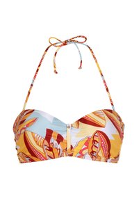 Bikini horní část s bandeau designem, se vícebarevnými vzory červené, žluté a světle modré. Uvazuje se na krku s nastavitelnými ramínky.