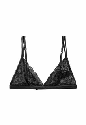 Bralette en dentelle noire avec des bonnets triangulaires, des bretelles réglables, des bords festonnés et une bande solide pour le soutien. Texture légère et délicate.