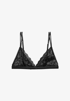 Černý krajkový bralet s trojúhelníkovými košíčky, nastavitelné ramínka, vlnkované okraje a pevný pás pro podporu. Lehká a jemná textura.
