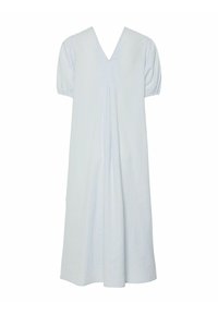 Ljust blå rutig klänning med korta puffärmar, V-ringning och plisserad rygg. Gjord av mjukt tyg med knälång silhuett.