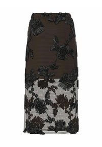 Jupe noire brodée de motifs floraux, avec une partie inférieure transparente et un haut opaque. Conçue avec des détails complexes et une taille cintrée.