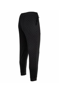 Zwarte sweatpants van zacht materiaal, met een diamantpatroon, taps toelopende pijpen, elastische tailleband en zijzakken.