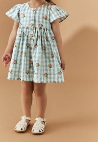 Svetle modré kostkované šaty s krátkými zvonovými rukávy, broskvovými květinovými vzory a dřevěnými knoflíky vpředu. Nosené s bílými sandály.