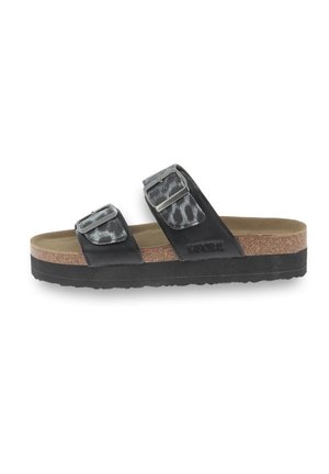 Sandali neri con pianta alta e due cinturini regolabili caratterizzati da un design grigio testurizzato. Suola in sughero, suola in gomma e logo Kaporal visibile.