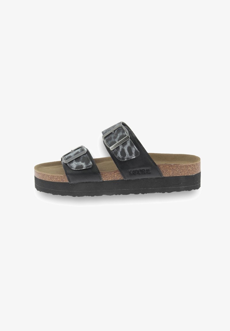Black platform sandals with two adjustable straps featuring a textured, grey design. Cork footbed, rubber sole, and Kaporal branding visible.