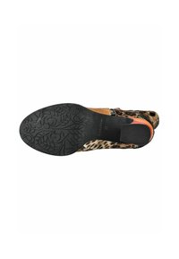 Leopard-print shoe with decorated black rubber sole and small orange heel, size 37, isolated on white background.