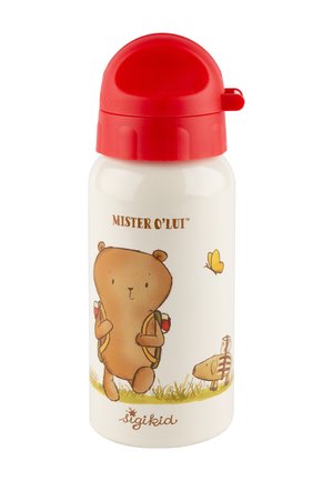 Stainless steel water bottle with a red plastic screw cap. Features a bear and pig illustration on a white background with grass detail.