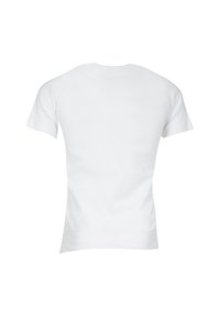 T-shirt en coton blanc avec un col rond et des manches courtes, présentant une texture lisse et un design basique sans motifs ni graphiques.