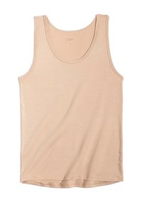 Beige tank top made of soft, lightweight fabric, featuring a round neckline and wide straps. Smooth texture with a relaxed fit.