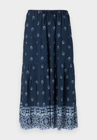 Fustă maxi bleumarin cu talie elastică și șnur. Are modele florale albe și un tiv decorativ cu un model albastru.