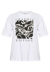 Biela bavlnená tričko s voľným strihom, ktoré má čierny abstraktný grafický dizajn a výrazný text s nápisom "GRAPHIC EDITION."