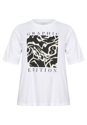 Valkoinen puuvillapaita, jossa on väljä istuvuus, ja jossa on musta abstrakti graafinen suunnittelu sekä rohkeat tekstit, jotka sanovat "GRAPHIC EDITION."