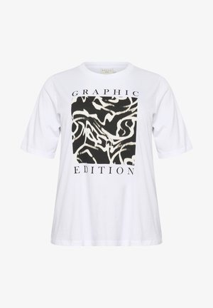 Weißes Baumwoll-T-Shirt mit lockerem Schnitt, mit einem schwarzen abstrakten Grafikdesign und fettgedrucktem Text, der "GRAPHIC EDITION" lautet.