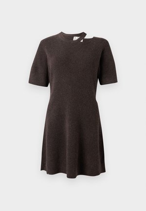 Dark brown ribbed dress with short sleeves, a round neckline, and a unique open detail on the shoulder. Soft, textured fabric.